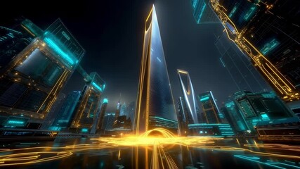 A futuristic city at night with a fountain in the middle of it