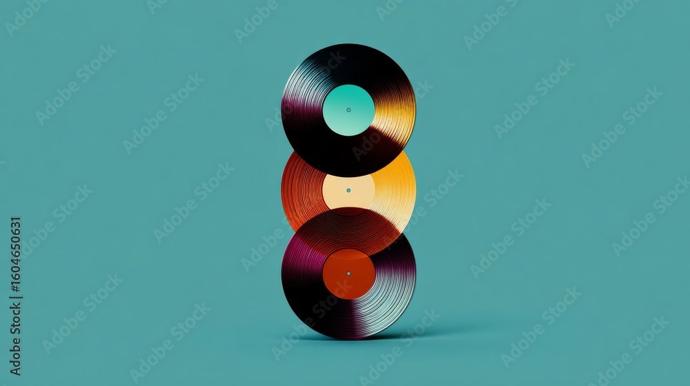 Poster three records stacked on top of each other with a blue background. the records are of different colo