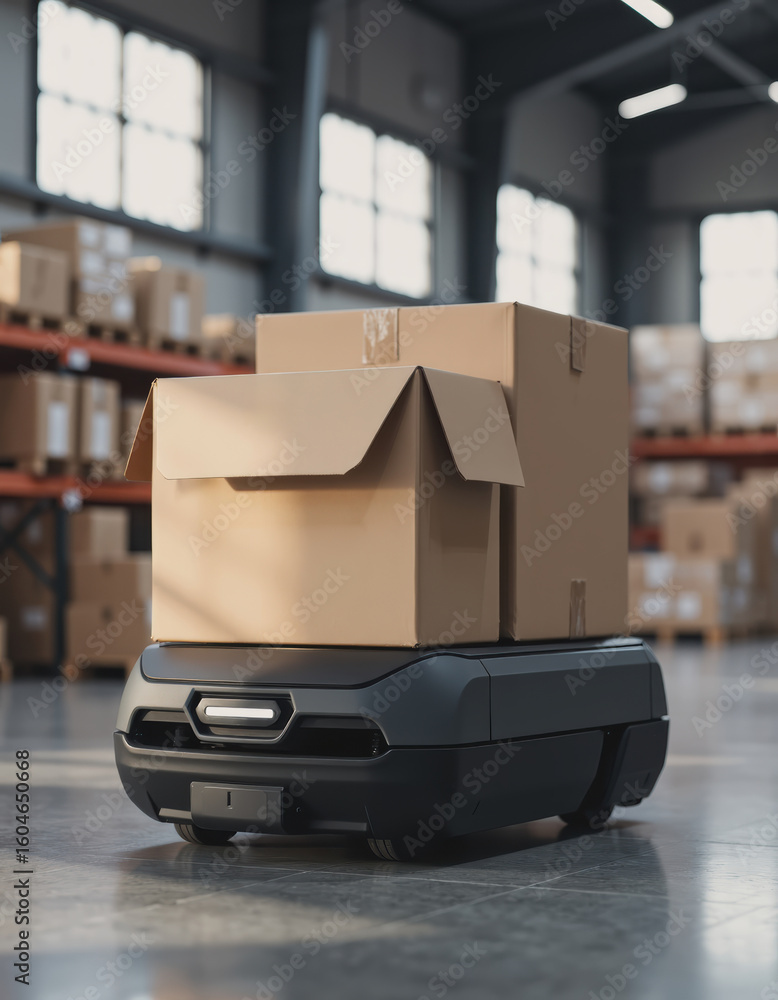 Poster automated guided vehicle transporting boxes in a smart warehouse environment