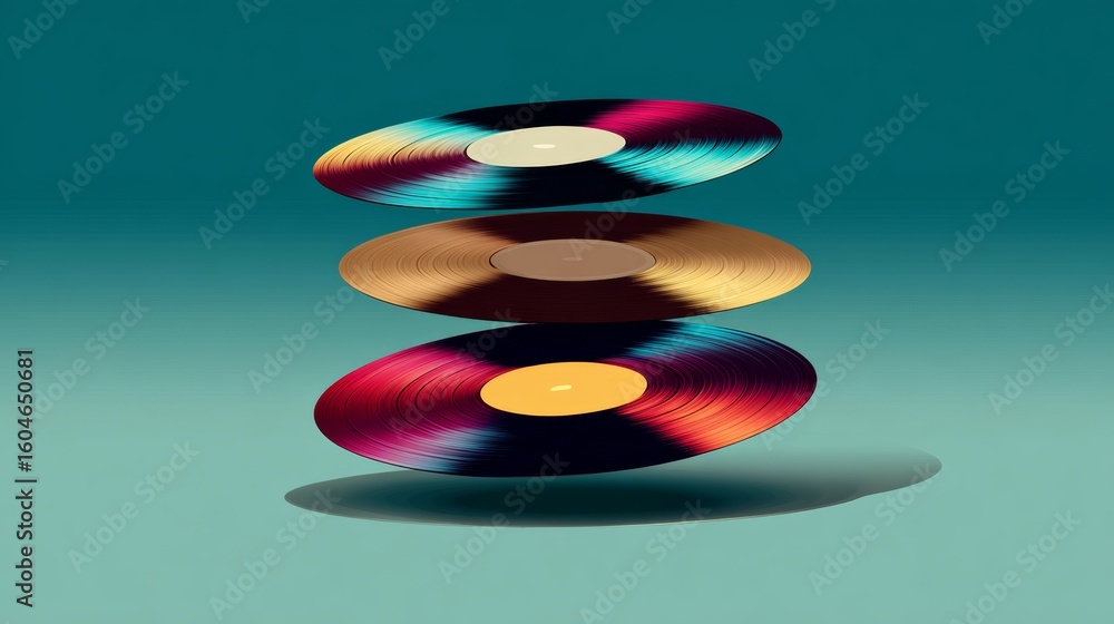 Poster three colorful records stacked on top of each other. the record on the bottom is yellow, the middle 