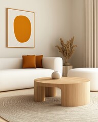 Modern Living Room Interior with Beige Sofa and Round Wooden Coffee Table