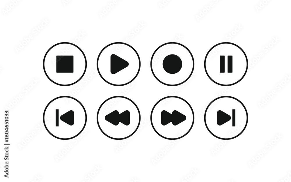 Poster tape player button vector set. essential media player controls: stop, play, record, pause, rewind, f