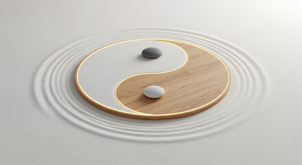 Balance yin yang symbol zen garden harmony wellness life philosophy meditation concept wood stone sand peace mind health culture relaxation