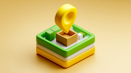 3D isometric icon illustration of a location pin, featuring a green cube with a brown square and a yellow map marker on a white background