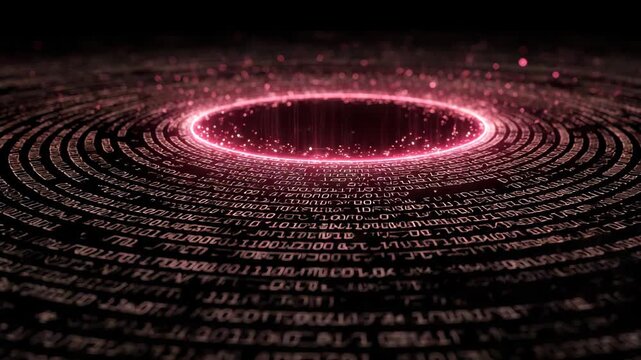 Glowing binary code vortex in circular formation with digital particles, glowing light effects on dark background, concept of data flow