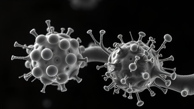 Atomic force microscopy of bacterial outer membrane vesicles,
nanoscale spherical buds (50-250nm) from E. coli surface,
visible DNA/toxin cargo inside,
foodborne horizontal gene transfer context.