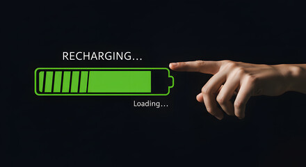Recharge energy battery loading progress bar concept hand touch break rest power life balance wellness health mind care motivation renewal