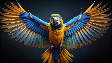 A vibrant blue-and-yellow macaw with a gold beak gazes in a colorful, exotic animal portrait