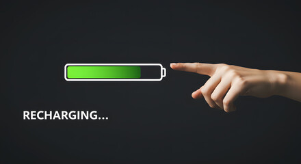 Recharge energy battery loading progress bar concept hand touch break rest power life balance wellness health mind care motivation renewal