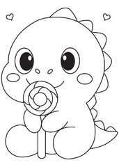 Coloring book dragon holding a giant lollipop.