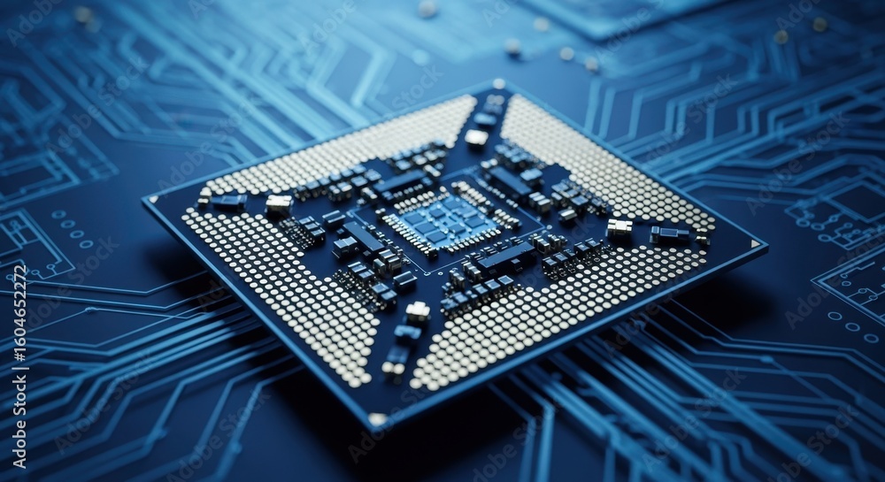 Poster detailed top view of computer cpu with tiny transistors and connections in vibrant blue hues.
