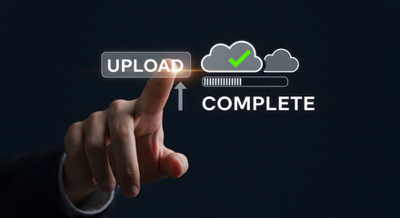 Upload complete cloud technology concept data transfer business internet network storage success service security finger touch check mark server