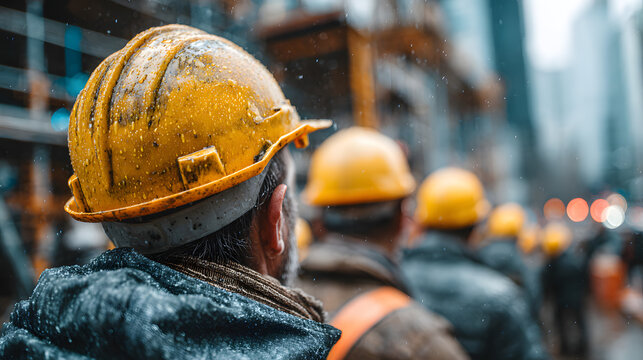 Construction workers labor team working hard on site wearing hard hats and safety gear construction industry