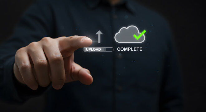 Upload complete cloud technology concept data transfer business internet network storage success service security finger touch check mark server