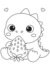 Coloring book dragon hugging a giant strawberry.
