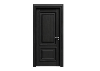 A textured black wooden door with a silver handle isolated on transparent background