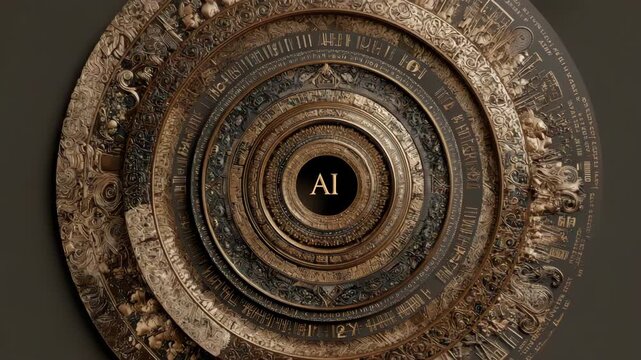 Intricate golden concentric rings with cryptic carvings and AI text in center, metallic style, on dark background, concept of ancient intelligence