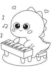Coloring book dragon playing piano with musical notes.