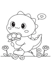 Coloring book dragon on roller skates holding flowers.