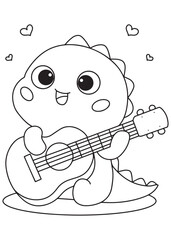 Coloring book dragon playing guitar and singing with joy.