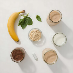 The minimalistic layout features a fresh, health-focused aesthetic, combining healthy smoothie ingredients like banana, spinach, oats, protein powders, milk, and supplement tablets.