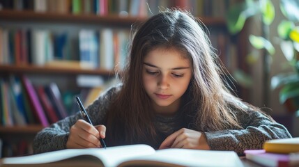 A young girl sitting at a table with a book, focused on writing or studying.