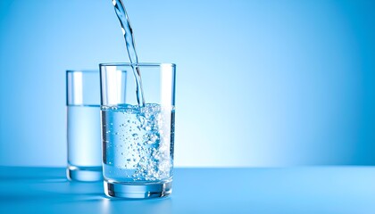 water pouring into glass on blue background