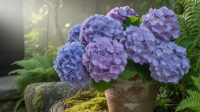 A pot of vibrant blue and purple hydrangeas surrounded by lush greenery