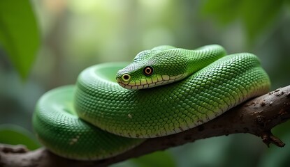 Obraz premium Green Snake Resting on Tree Branch in Natural Habitat