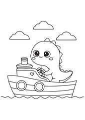 Coloring book dragon steering a boat on water.