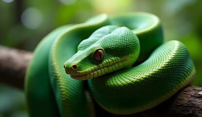 Obraz premium Green Snake Resting on Tree Branch in Natural Habitat