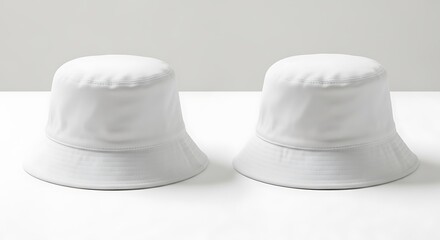 Two white bucket hats are displayed on a white surface, isolated on white background