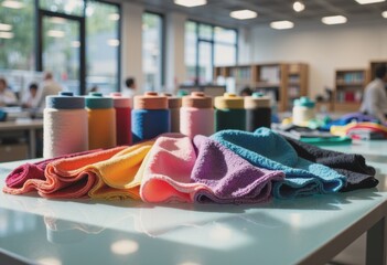 Textile innovation laboratory showcasing vibrant fabrics and spools of thread