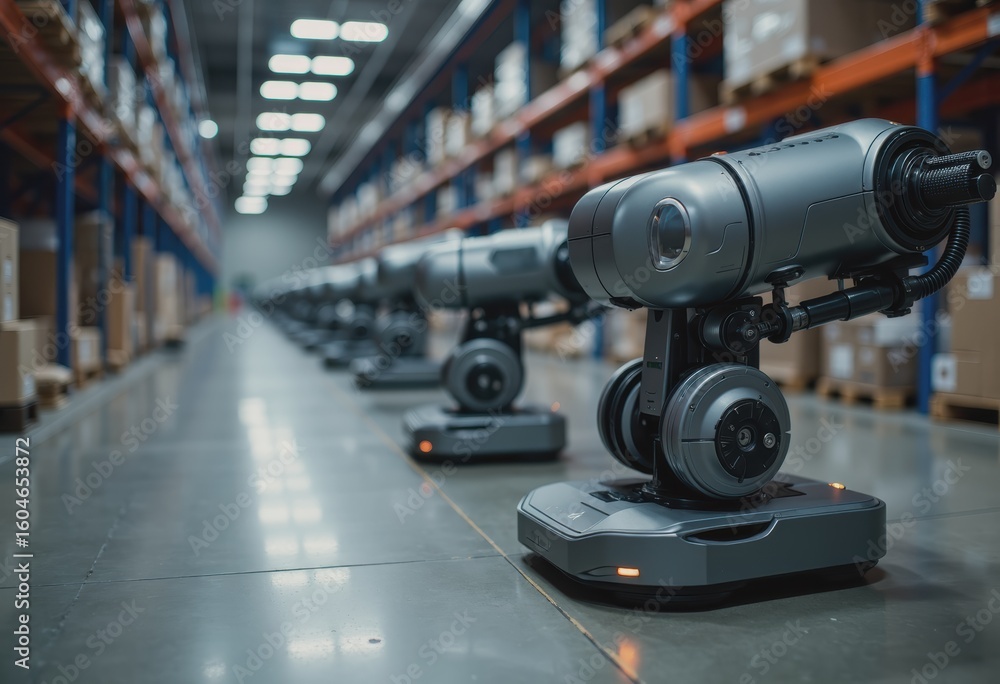 Poster automated warehouse robots efficiently organizing inventory in a modern facility