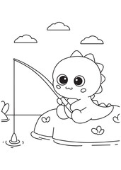 Coloring book page of dragon fishing on