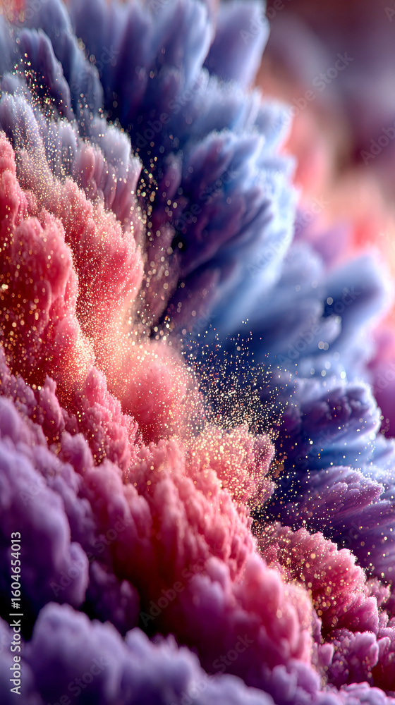Poster a vibrant burst of multicolored glitter particles exploding outward in a dazzling, energetic display