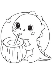 Coloring book dragon drinking coconut under the sun.