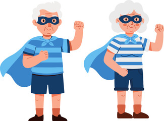 Strong senior superhero couple flexing muscles vector illustration.  fighting. Healthy and active elderly characters showing power and fitness.
