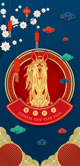Happy Chinese New Year 2026. Gold horse zodiac lunar calendar animal. Lanterns, Cloud and Cherry blossom on blue background. Card  invitation greeting. Translation Happy new year, Horse. Vector.