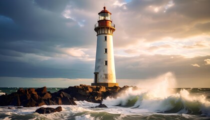 Fototapeta premium a lighthouse on the beach with crashing waves