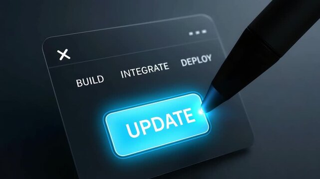 A pen interacting with a glowing update button on a digital interface