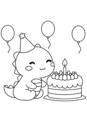 Coloring book dragon celebrating birthday with cake.