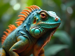 Obraz premium Close-Up of Colorful Iguana in Tropical Forest