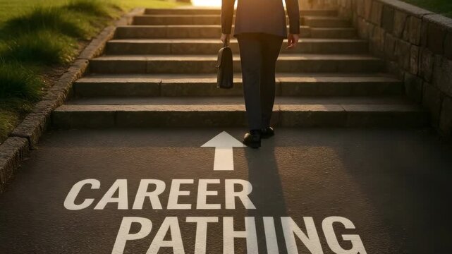 A businessperson taking steps forward on the Career Path. The scene suggests the beginning of a professional journey and the pursuit of a career path