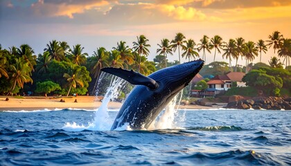Fototapeta premium Whale leaping at sunset over a tropical beach