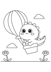 Coloring book dragon flying in hot air balloon.