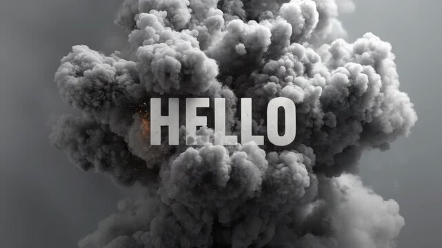 Large HELLO text in bold font set against a thick, dramatic explosion of smoke in gray tones on a dark atmospheric background