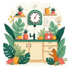 Whimsical illustration of a vibrant kitchen counter with tropical plants, vintage scale, and a ginger cat, depicting cozy domesticity and nature.