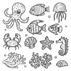 Charming hand-drawn ocean creatures and coral reef elements for playful designs