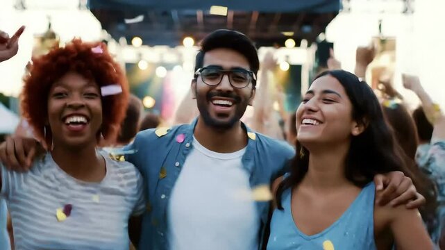 Diverse friends enjoying confetti at outdoor party celebration